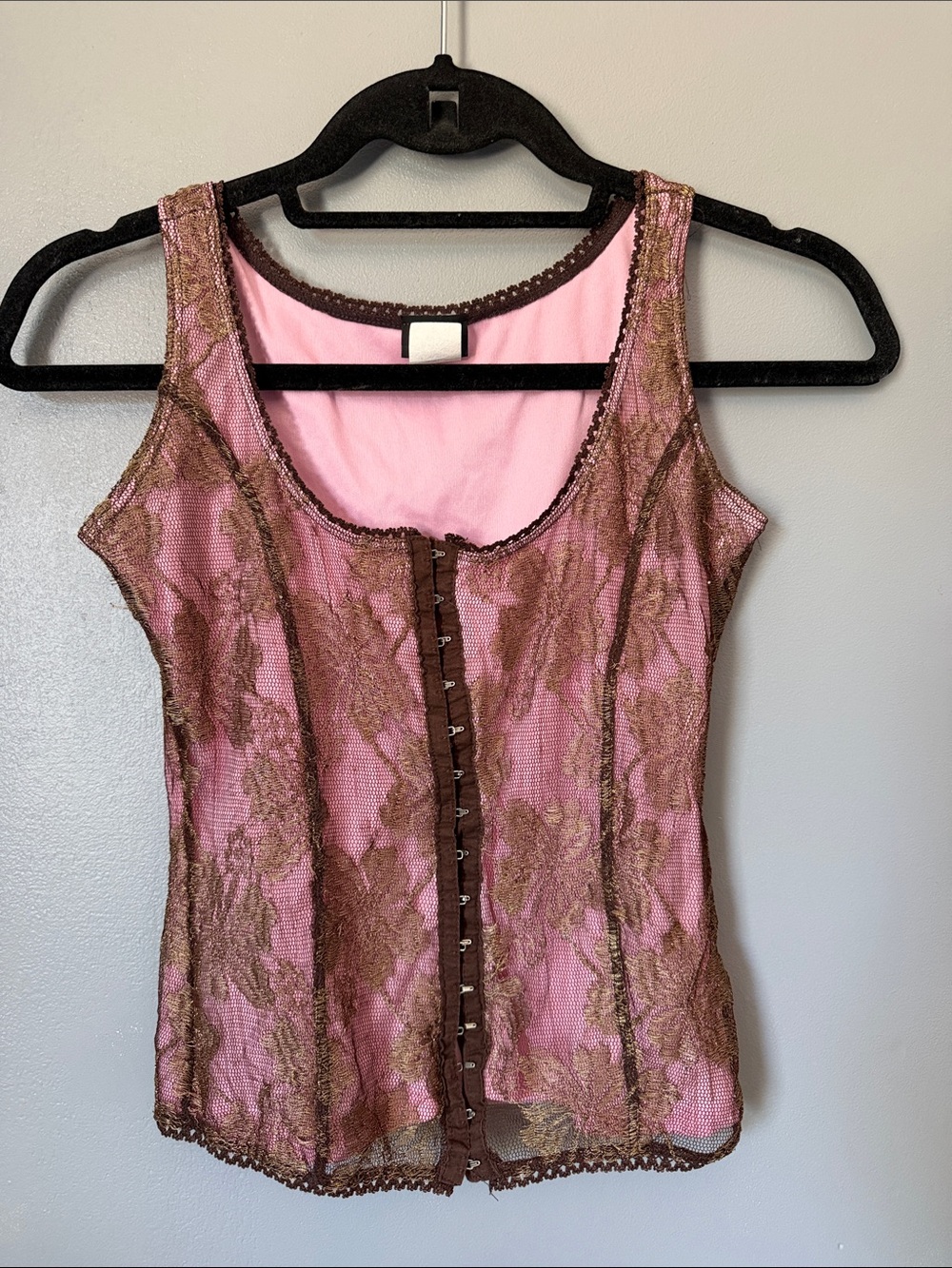 VTG Vanity Whimisgoth Women’s Pink Corsette with Brown Floral Lace Trim XS